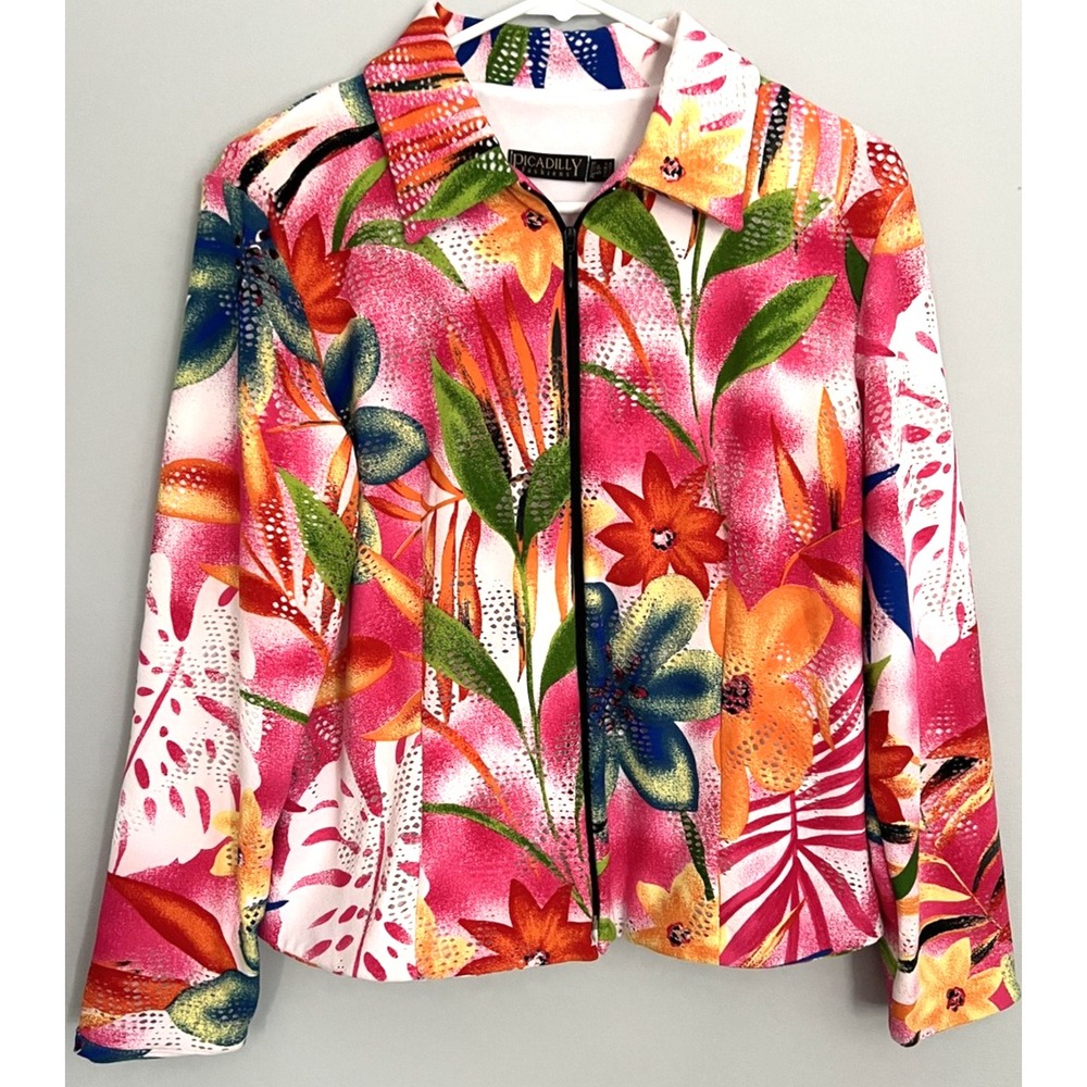 Picadilly‎ Fashions Jacket Women P/ S Multi Floral Zipup Lightweight Top Eyelit